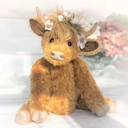 Highland Cow with Flowers, Handmade Stuffed Highland Cow Plush in Alpaca