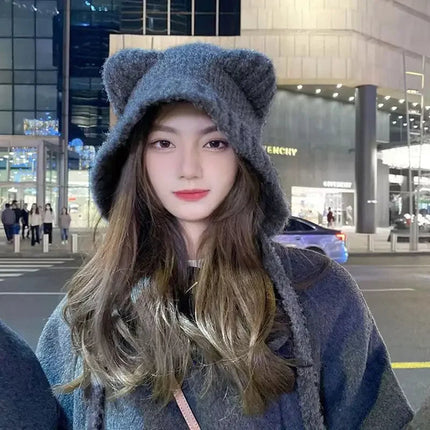 Womens Winter Hat in Deep Gray with Knit Hood
