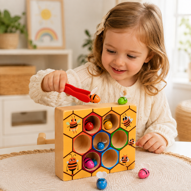 Wooden beehive Montessori game, colour sorting toy with 7 bees and tweezers for toddlers and preschoolers