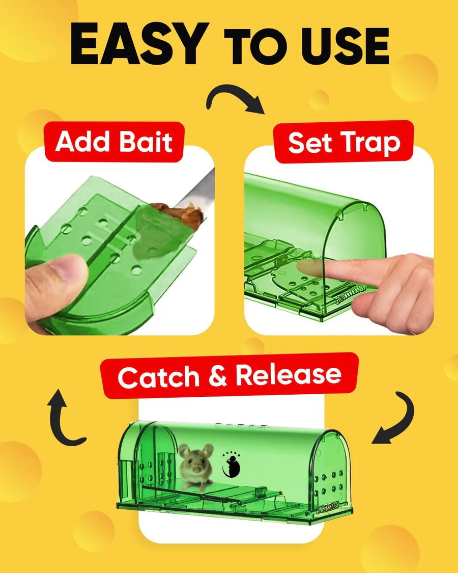 Tuzwa Humane Mouse Trap 4 Pack – Reusable Live Catch & Release Mouse Traps with No-Touch Release, Transparent Housing & Sensitive Trigger