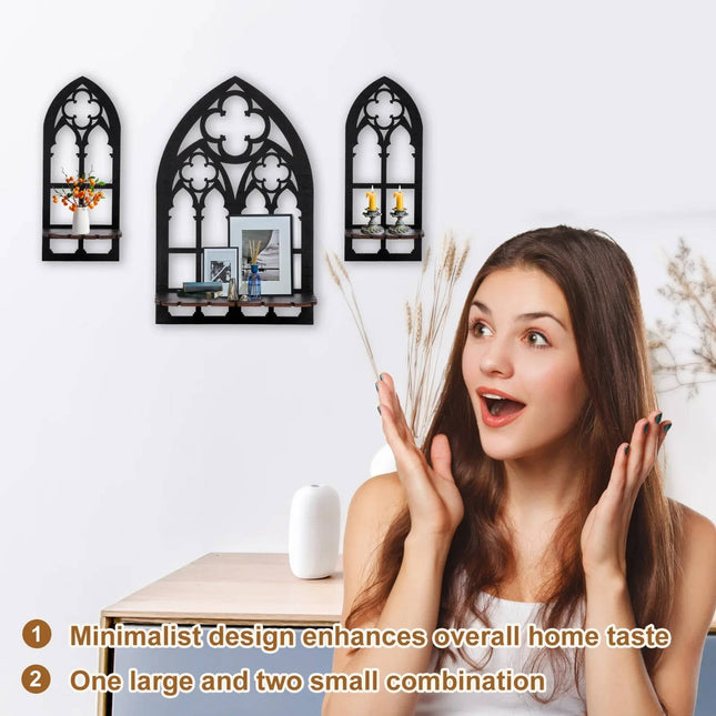 Gothic Wall Decor Set of 3, Arched Wooden Wall Shelf for Crystals and Candles