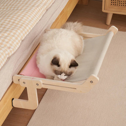 Wooden cat hammock bed, elevated plywood frame pet lounger with breathable fabric, floor stand or wall mount