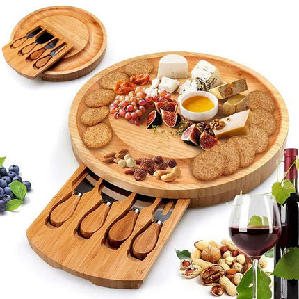 Charcuterie Board with Knives Drawer, Bamboo Cheese Board with 4 Knives and Forks