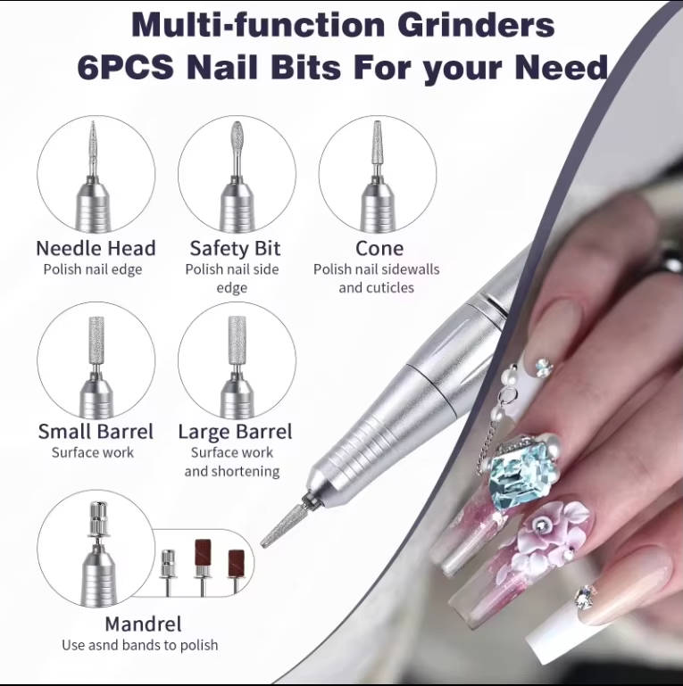Tuzwa Electric Nail Drill Machine – 45,000 RPM Rechargeable E-File with LCD Display, 6 Metal Bits, Variable Speed & USB-C Charging