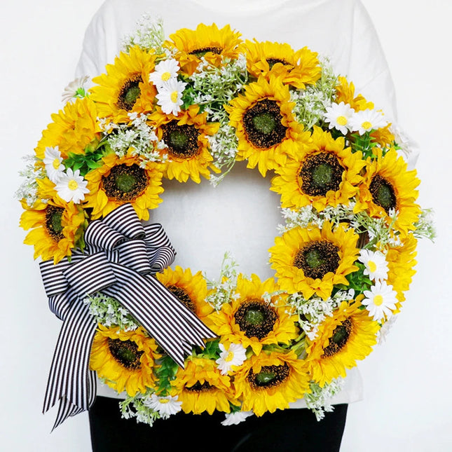 Front Door Wreath, Artificial Sunflower Wreath with Bow