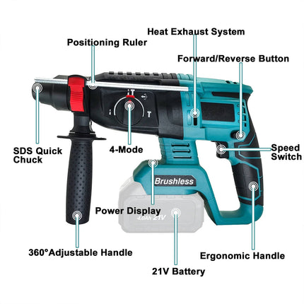 Cordless Hammer Drill Brushless with Four Modes, Concrete Hammer Drill with Rotary Hammer Function