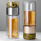 Glass Tea Infuser Bottle 14.5 fl oz, Double Wall Loose Leaf Tea Infuser Tumbler with Tea Sifter and Leak Proof Lid