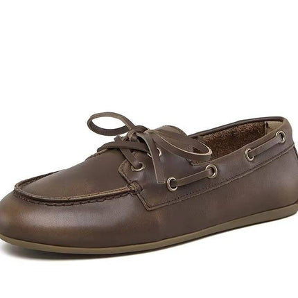 Women's genuine leather moccasins, lace-up cowhide flats with pigskin insole and TPR sole, sizes 6 to 8