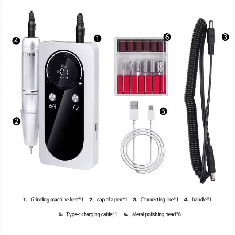 Tuzwa Electric Nail Drill Machine – 45,000 RPM Rechargeable E-File with LCD Display, 6 Metal Bits, Variable Speed & USB-C Charging