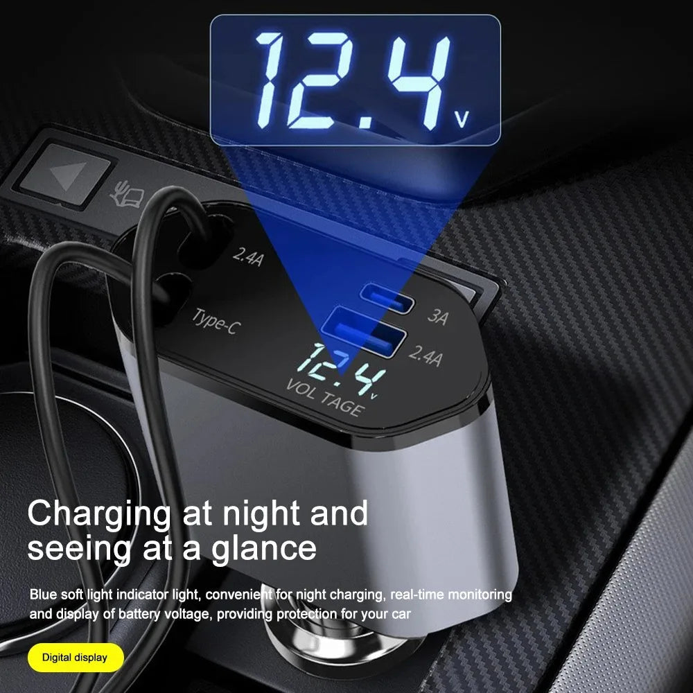 Tuzwa 120W Retractable Car Charger with Fast Charging – Compact Vehicle Phone Charging Adapter with Built-In Cable for Travel