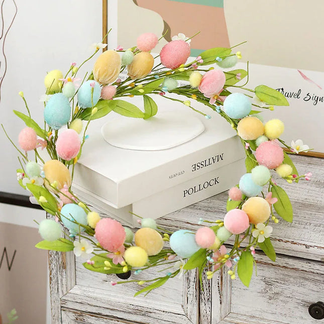 Easter Decorations Front Door Wreath, 40cm Spring Wreath with Pastel Flowers and Easter Eggs