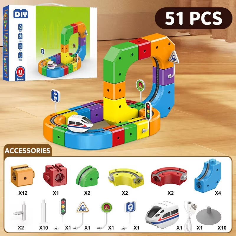 Tuzwa Magnetic Train Track Set – Rechargeable Electric Train, 3D Magnetic Building Blocks, Flexible Tracks & Signs for Kids Ages 3–10