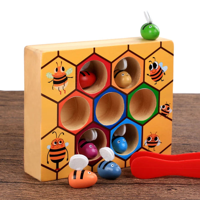 Wooden beehive Montessori game, colour sorting toy with 7 bees and tweezers for toddlers and preschoolers
