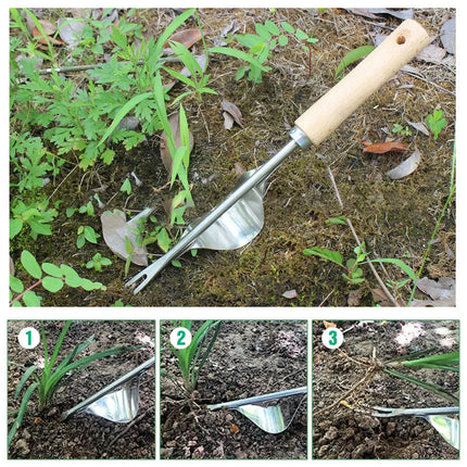 V Shaped Weed Puller Tool with Long Wooden Handle, Manual Stand Up Root Remover for Lawns, Flower Beds and Vegetable Gardens