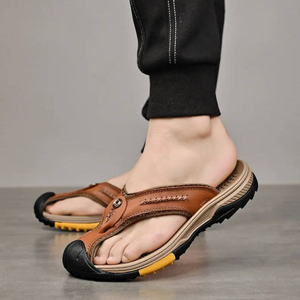 Mens Sandals, Closed Toe Leather Flip Flops for Men with Nonslip Rubber Sole, Closed Toe Sandals for Beach