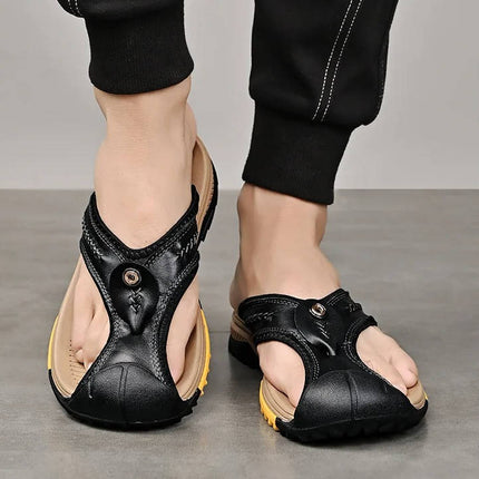 Mens Sandals, Closed Toe Leather Flip Flops for Men with Nonslip Rubber Sole