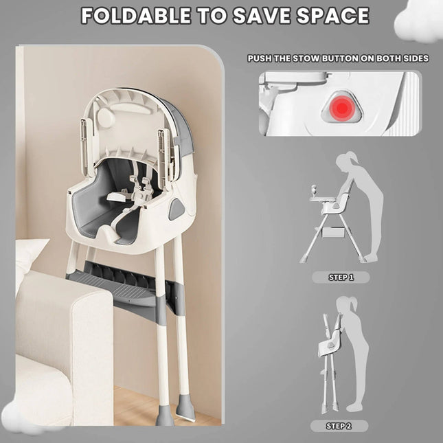 Baby High Chair, Foldable Convertible High Chair with Tray