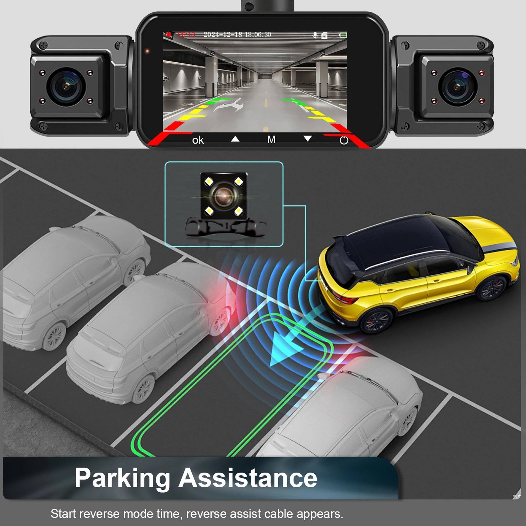 Tuzwa 4 Channel Dash Cam with WiFi & Night Vision – 1080P Front, 720P Side/Rear, 3" IPS Display, Parking Monitor, G-Sensor & Loop Recording