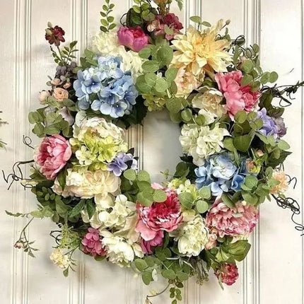 Front Door Wreath for Spring, Artificial Flower Wreath with Rainbow Hydrangea