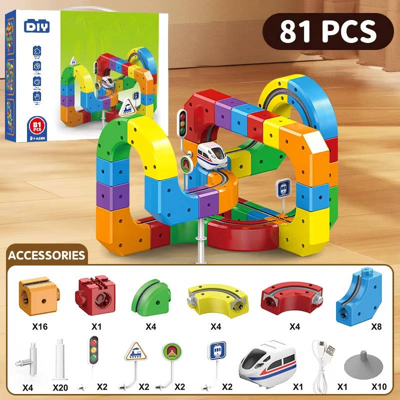 Tuzwa Magnetic Train Track Set – Rechargeable Electric Train, 3D Magnetic Building Blocks, Flexible Tracks & Signs for Kids Ages 3–10