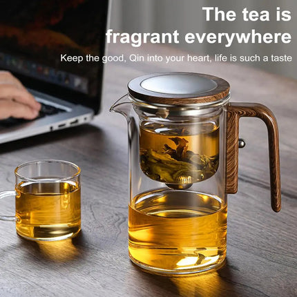 Water Separation Glass Teapot with Infuser, 500ml and 700ml Borosilicate Glass Tea Pot with Anti-Scald Wooden Handle and Strainer