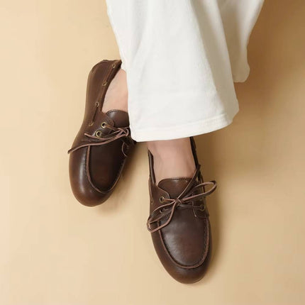 Women's genuine leather moccasins, lace-up cowhide flats with pigskin insole and TPR sole, sizes 6 to 8