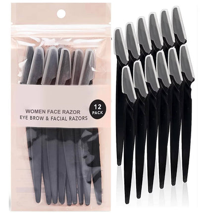 Womens face razor 12 pack, stainless steel eyebrow shaper and dermaplaning tool for peach fuzz removal