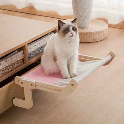 Wooden cat hammock bed, elevated plywood frame pet lounger with breathable fabric, floor stand or wall mount