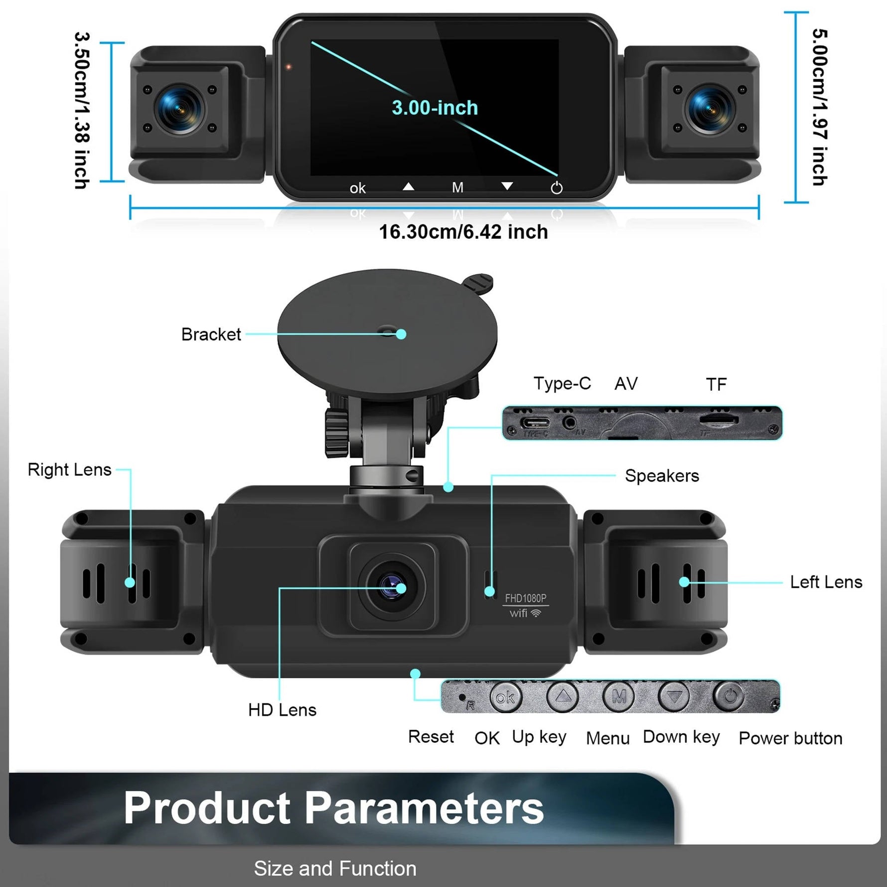 Tuzwa 4 Channel Dash Cam with WiFi & Night Vision – 1080P Front, 720P Side/Rear, 3" IPS Display, Parking Monitor, G-Sensor & Loop Recording