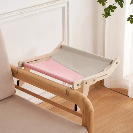 Wooden cat hammock bed, elevated plywood frame pet lounger with breathable fabric, floor stand or wall mount