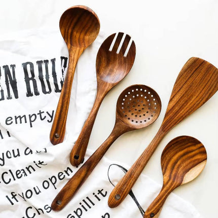 Wooden Kitchen Utensil Set 6 Piece, Wood Spatula for Nonstick Pans with Hanging Holes – image 5