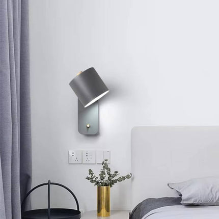 LED Wall Lamp for Bedroom and Living Room, 180 Degree Adjustable Reading Sconce with Wood Trim and Push Button Switch