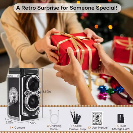 Vintage Digital Camera, 12MP Retro Compact with 1080p Video, 1.54 Inch IPS Screen, Dual Lens Body, 16GB Card and Type C Charging
