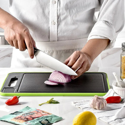 Cutting Board with Thawing Tray and Knife Sharpener, 4 in 1 Double Sided Chopping Board