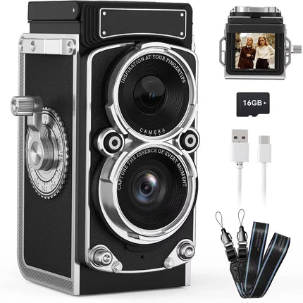 Vintage Digital Camera, 12MP Retro Compact with 1080p Video, 1.54 Inch IPS Screen, Dual Lens Body, 16GB Card and Type C Charging