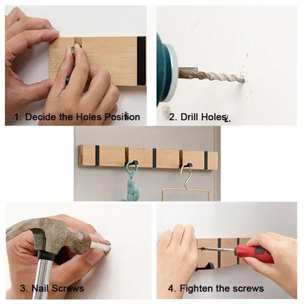 Bamboo Wall-Mounted Coat Rack with Hidden Hooks, 3, 4 or 5 Hook Rail, Aluminum Reinforced Towel Holder