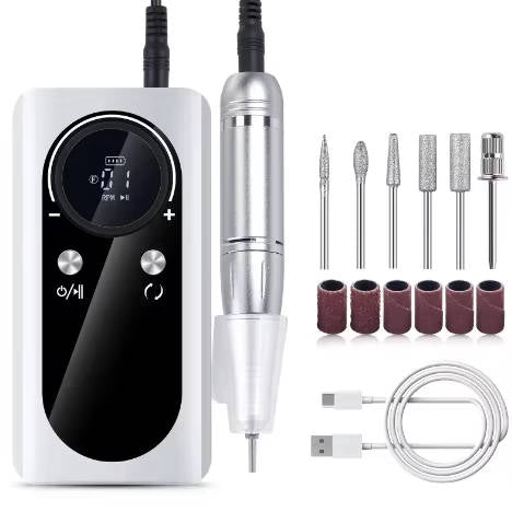 Tuzwa Electric Nail Drill Machine – 45,000 RPM Rechargeable E-File with LCD Display, 6 Metal Bits, Variable Speed & USB-C Charging