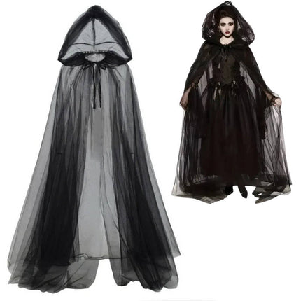 Adult Halloween Costume for Women, Black Cloak with Hood, Witch Costume Tulle Cape, Vampire Cape for Cosplay and Party
