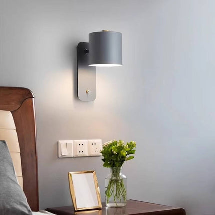 LED Wall Lamp for Bedroom and Living Room, 180 Degree Adjustable Reading Sconce with Wood Trim and Push Button Switch
