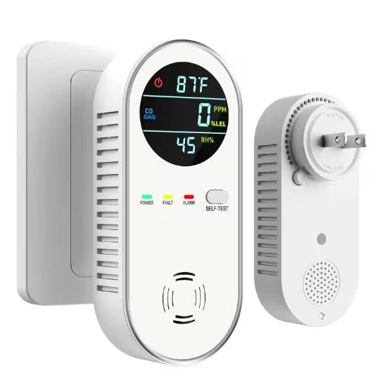 Tuzwa Carbon Monoxide & Gas Detector – Plug-In CO, Natural Gas & Propane Monitor with Temp/Humidity Display & 85dB Alarm