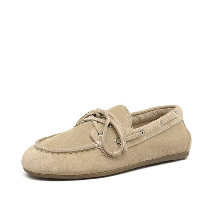 Women's genuine leather moccasins, lace-up cowhide flats with pigskin insole and TPR sole, sizes 6 to 8