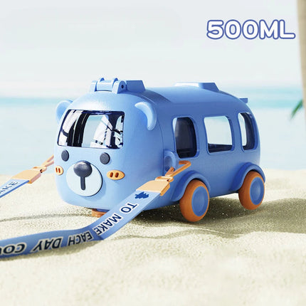 Water Bottle with Straw for Kids 16.9 oz, Cartoon Water Bottle Toy Bus with Silicone Straw – image 4