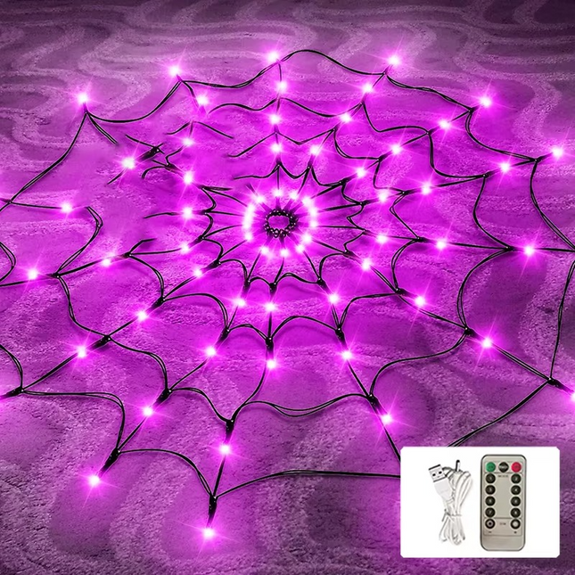 Halloween Spider Web Lights Outdoor, Purple LED Spider Web with Remote, Halloween Outdoor Lighting for Porch