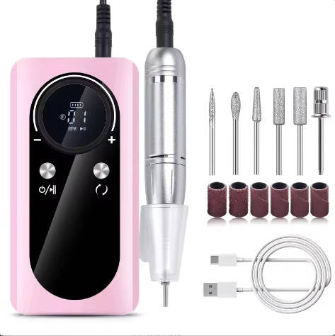 Tuzwa Electric Nail Drill Machine – 45,000 RPM Rechargeable E-File with LCD Display, 6 Metal Bits, Variable Speed & USB-C Charging