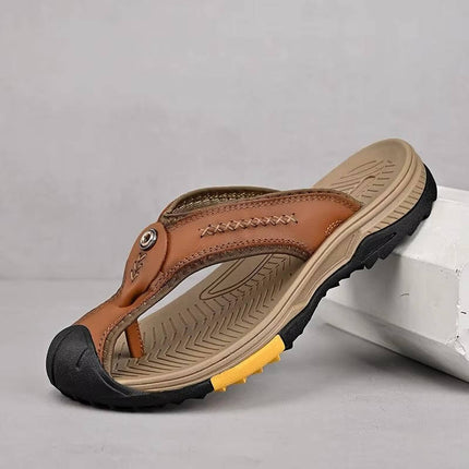 Mens Sandals, Closed Toe Leather Flip Flops for Men with Nonslip Rubber Sole – image 4
