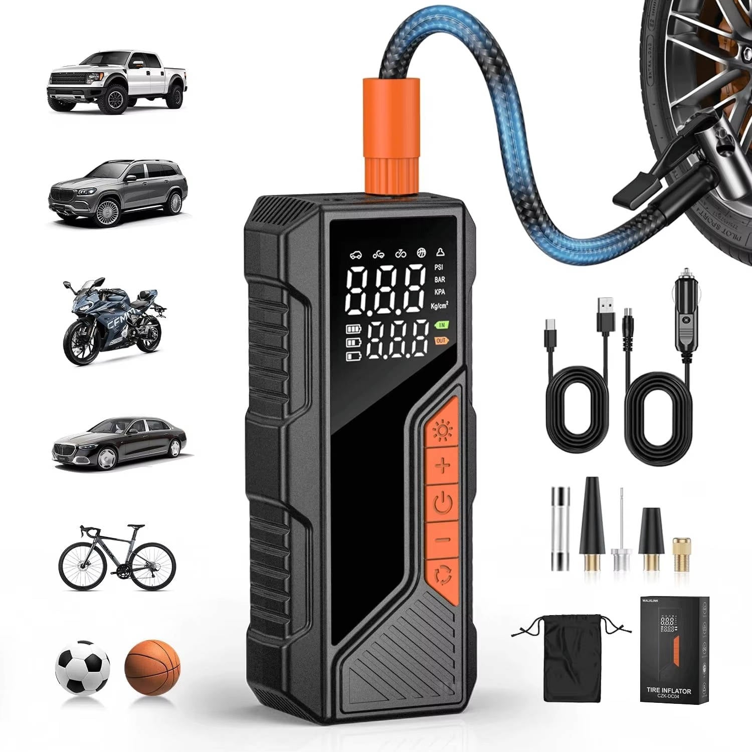 Tuzwa Portable Tire Inflator – Cordless 150 PSI Air Compressor with Digital Gauge, 6000mAh Battery, Auto Shutoff, 12V DC & LED Light