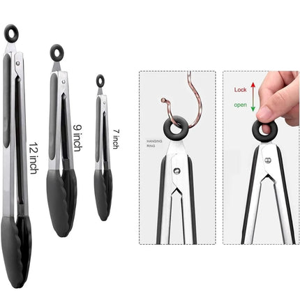 Kitchen Utensils Set of 3 Silicone Kitchen Tongs, 7 9 and 12 Inch Grill Tongs – image 5