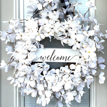 Front Door Wreath, White Dogwood Flower Wreath with Rattan Base