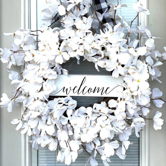Wreath for Front Door, White Dogwood Flower Wreath with Rattan Base