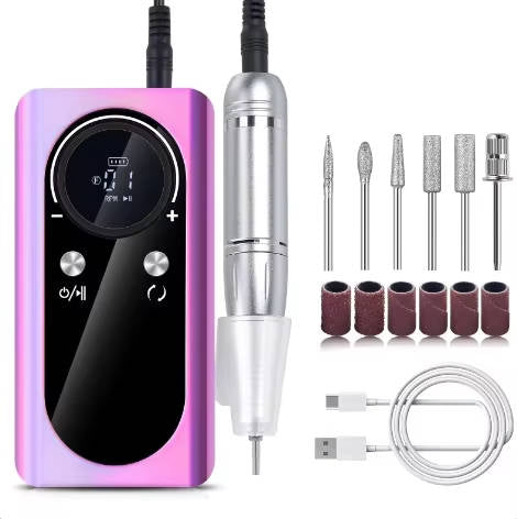 Tuzwa Electric Nail Drill Machine – 45,000 RPM Rechargeable E-File with LCD Display, 6 Metal Bits, Variable Speed & USB-C Charging